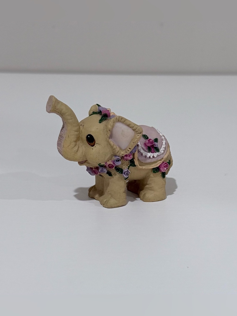 Vintage 1990’s Elephant Figurine Painted Resin Flowers 2.5” Decor